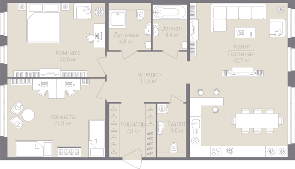 2-комнатная, 116 м² — ЖК Дом на улице Нижне-Каменская