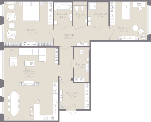 2-комнатная, 123 м² — ЖК Дом на улице Нижне-Каменская