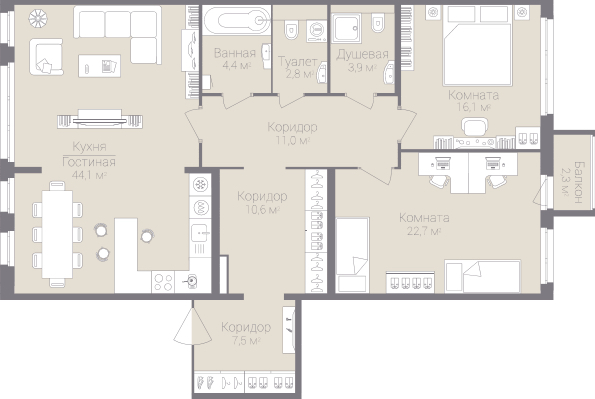 2-комнатная, 123 м² — ЖК Дом на улице Нижне-Каменская
