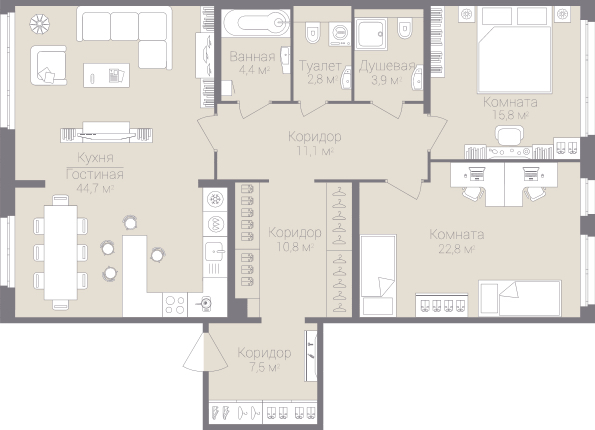 2-комнатная, 124 м² — ЖК Дом на улице Нижне-Каменская