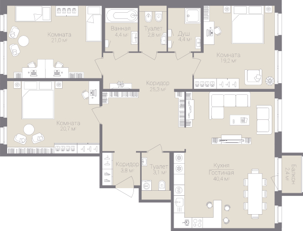 3-комнатная, 145 м² — ЖК Дом на улице Нижне-Каменская