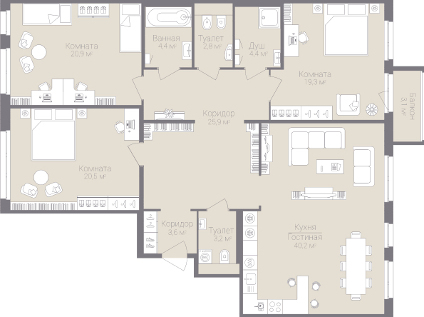 3-комнатная, 145 м² — ЖК Дом на улице Нижне-Каменская