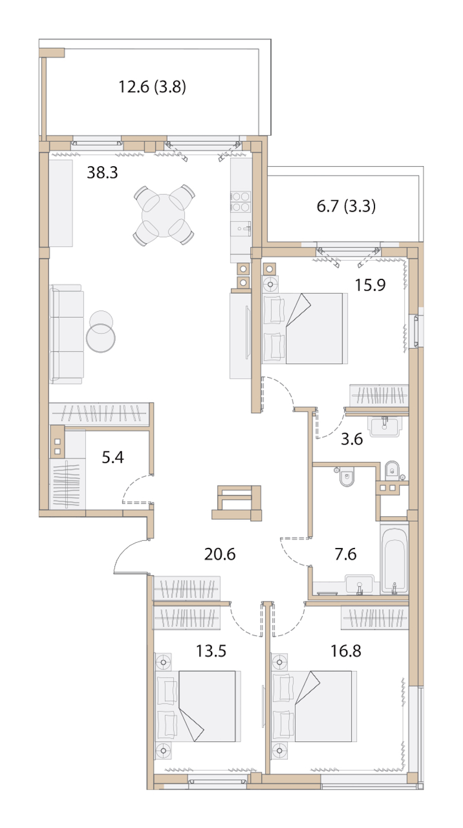3-комнатная, 140 м² — ЖК Апарт-комплекс Первая Линия. Health Care Resort (Хэлф Кэа Резорт)
