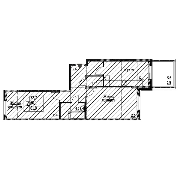 2-комнатная, 62 м² — ЖК ЖК Энфилд