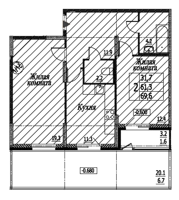 2-комнатная, 70 м² — ЖК ЖК Энфилд