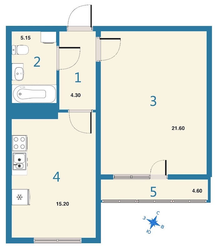 1-комнатная, 49 м² — ЖК ЖК Дом на Космонавтов