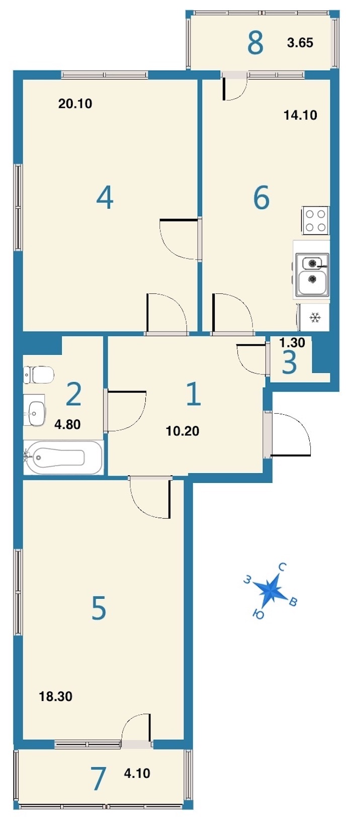 2-комнатная, 73 м² — ЖК ЖК Дом на Космонавтов