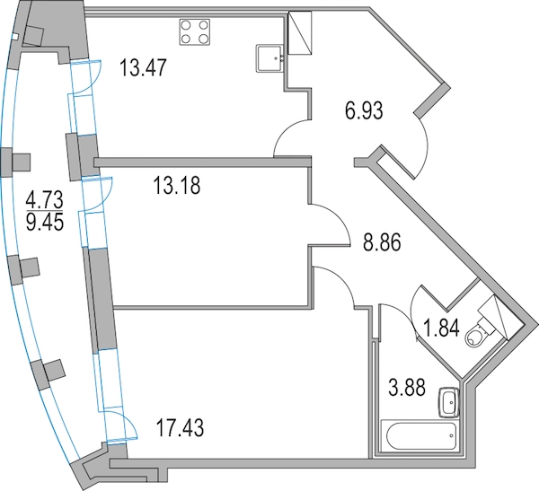 2-комнатная, 66 м² — ЖК ЖК Приморский квартал