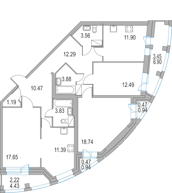 3-комнатная, 107 м² — ЖК ЖК Приморский квартал