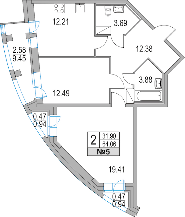 2-комнатная, 64 м² — ЖК ЖК Приморский квартал