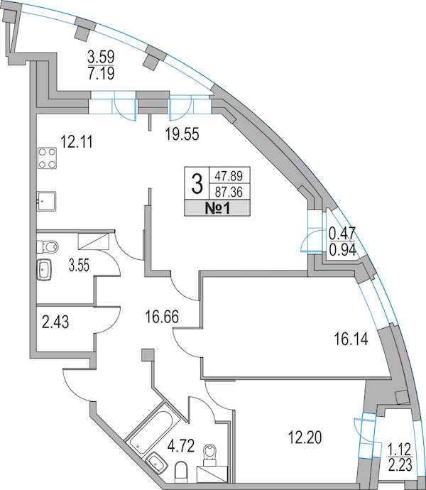 3-комнатная, 87 м² — ЖК ЖК Приморский квартал