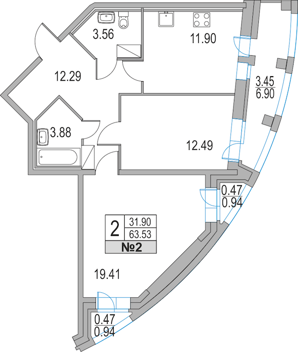 2-комнатная, 64 м² — ЖК ЖК Приморский квартал