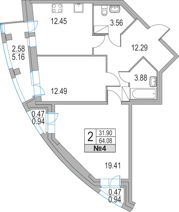 2-комнатная, 64 м² — ЖК ЖК Приморский квартал