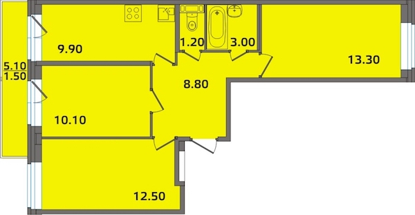 3-комнатная, 61 м² — ЖК ЖК ЭкспоГрад 2