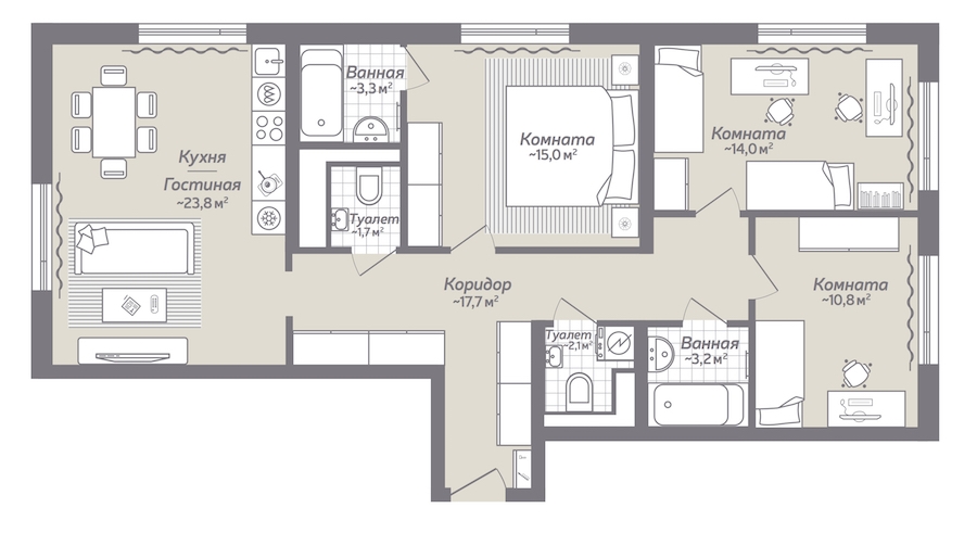 3-комнатная, 92 м² — ЖК ЖК Коллонтай, 2