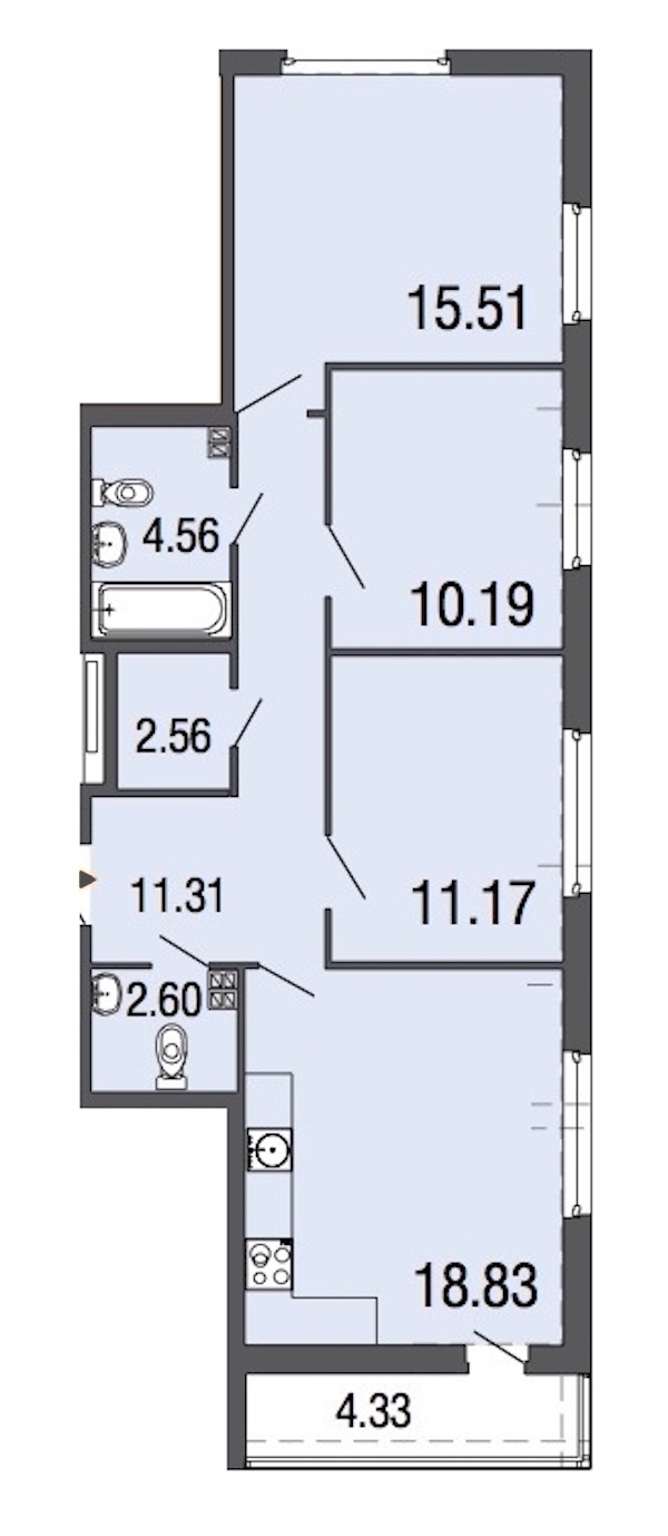 3-комнатная, 77 м² — ЖК ЖК ЭкоСити