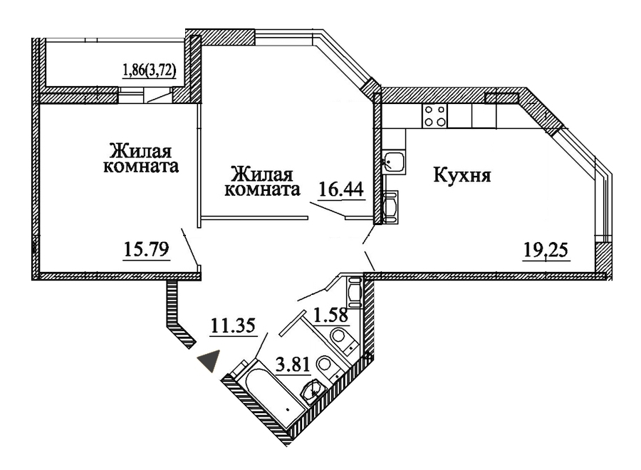 2-комнатная, 70 м² — ЖК ЖК Энфилд