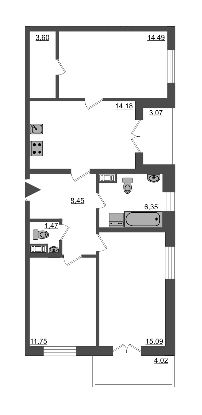 3-комнатная, 78 м² — ЖК ЖК Янила Драйв