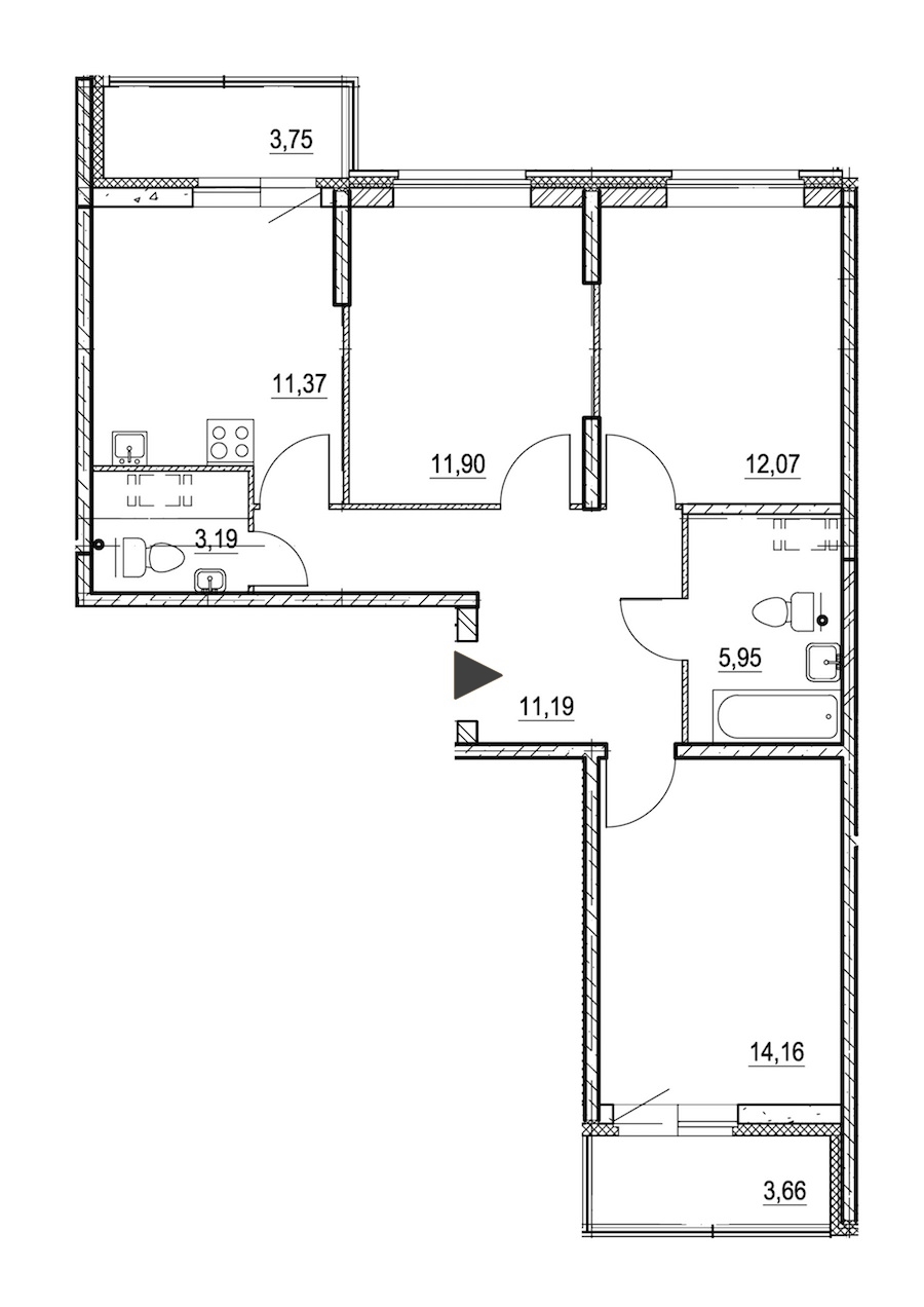 3-комнатная, 74 м² — ЖК ЖК Охта Хаус