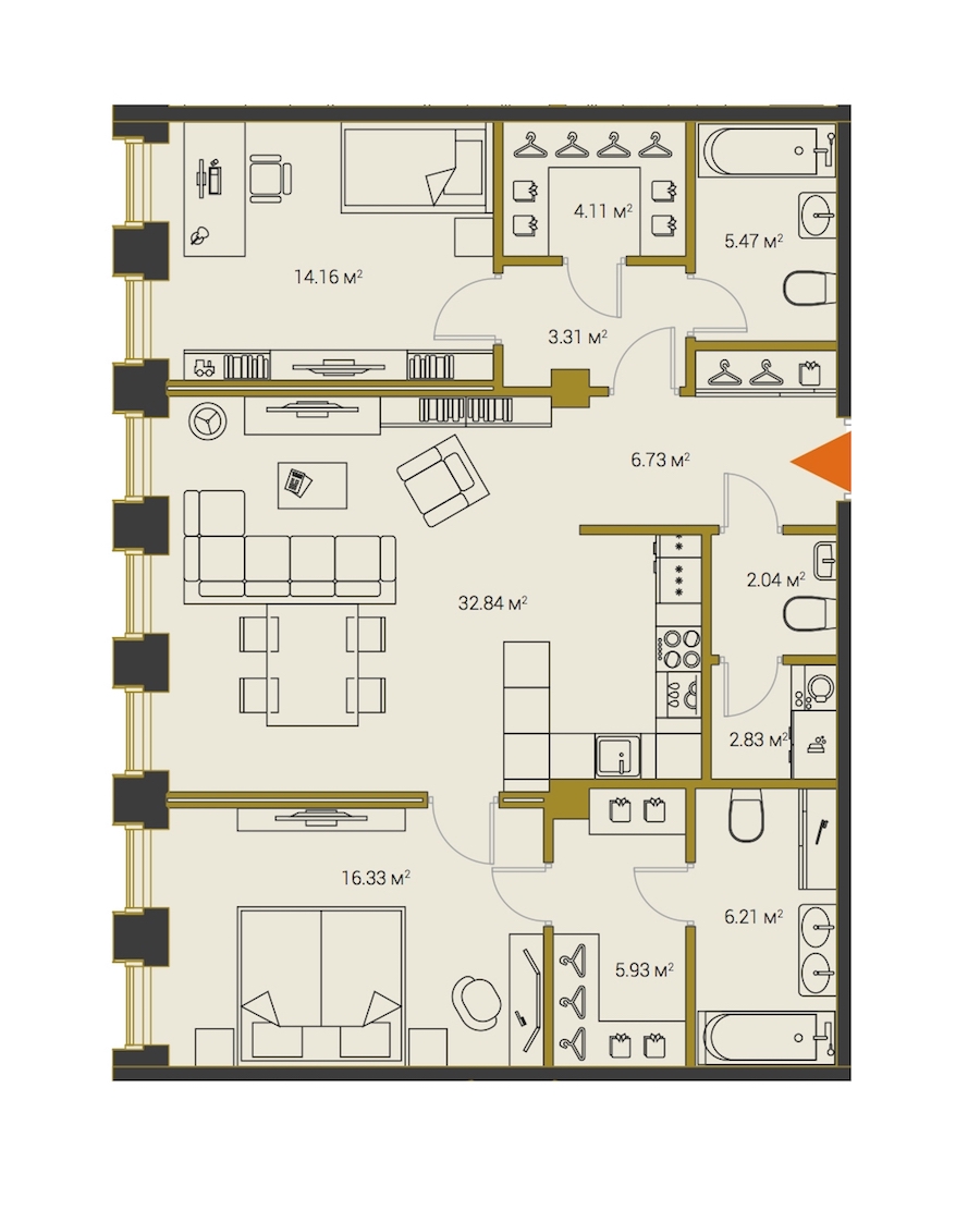 2-комнатная, 100 м² — ЖК ЖК Legenda Институтский (Институтский, 16)