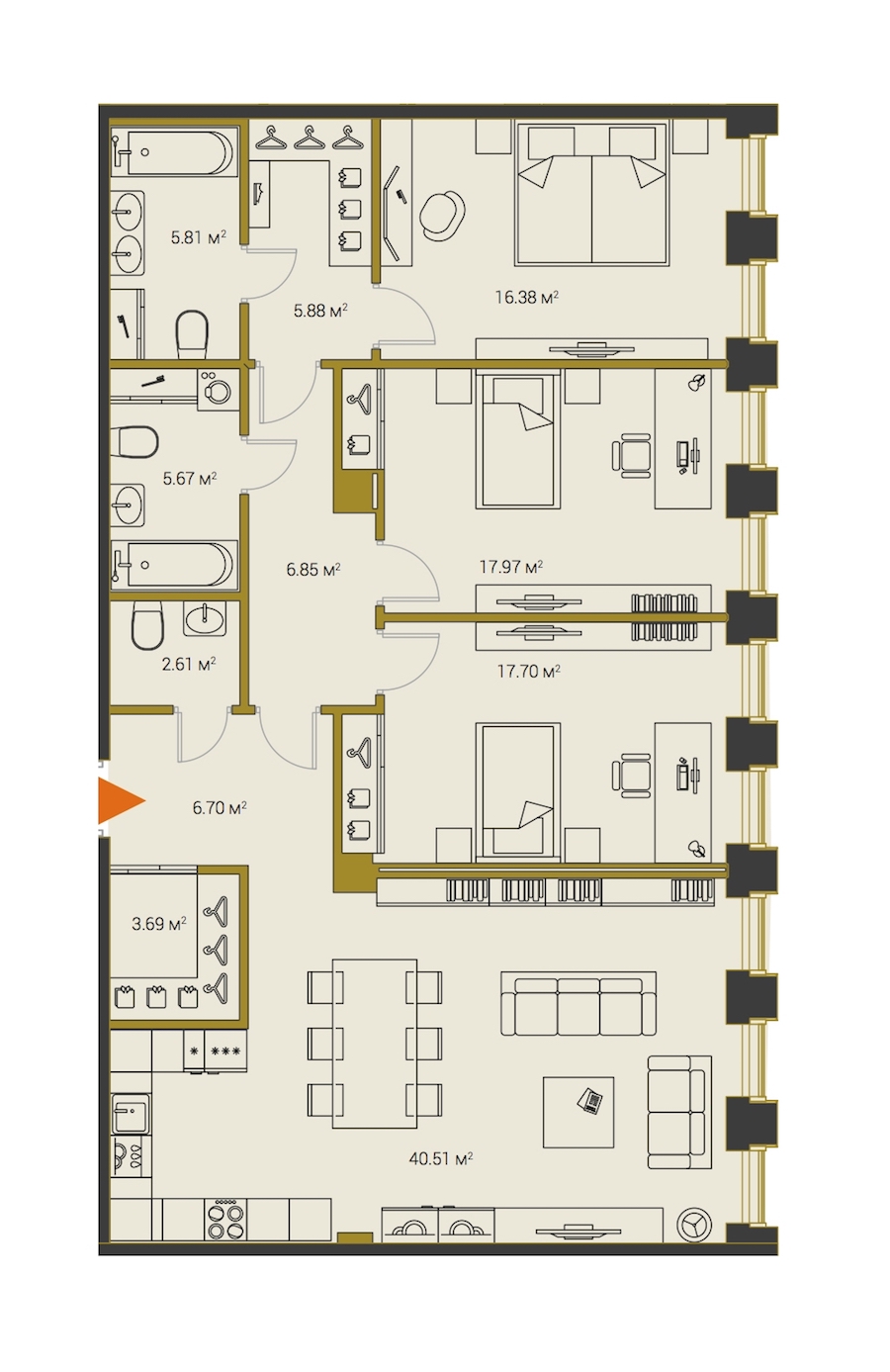 3-комнатная, 130 м² — ЖК ЖК Legenda Институтский (Институтский, 16)