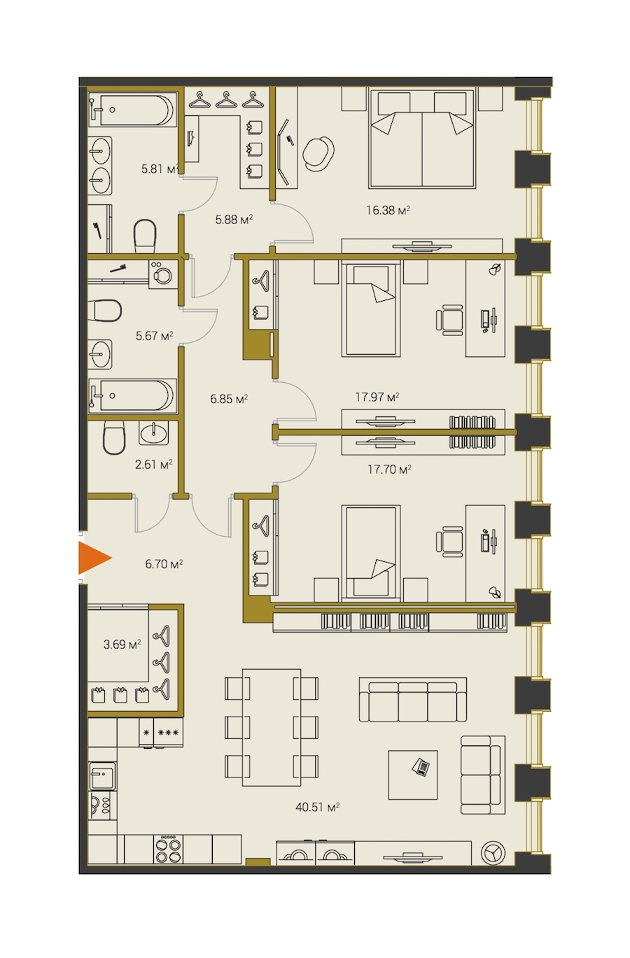 3-комнатная, 130 м² — ЖК ЖК Legenda Институтский (Институтский, 16)