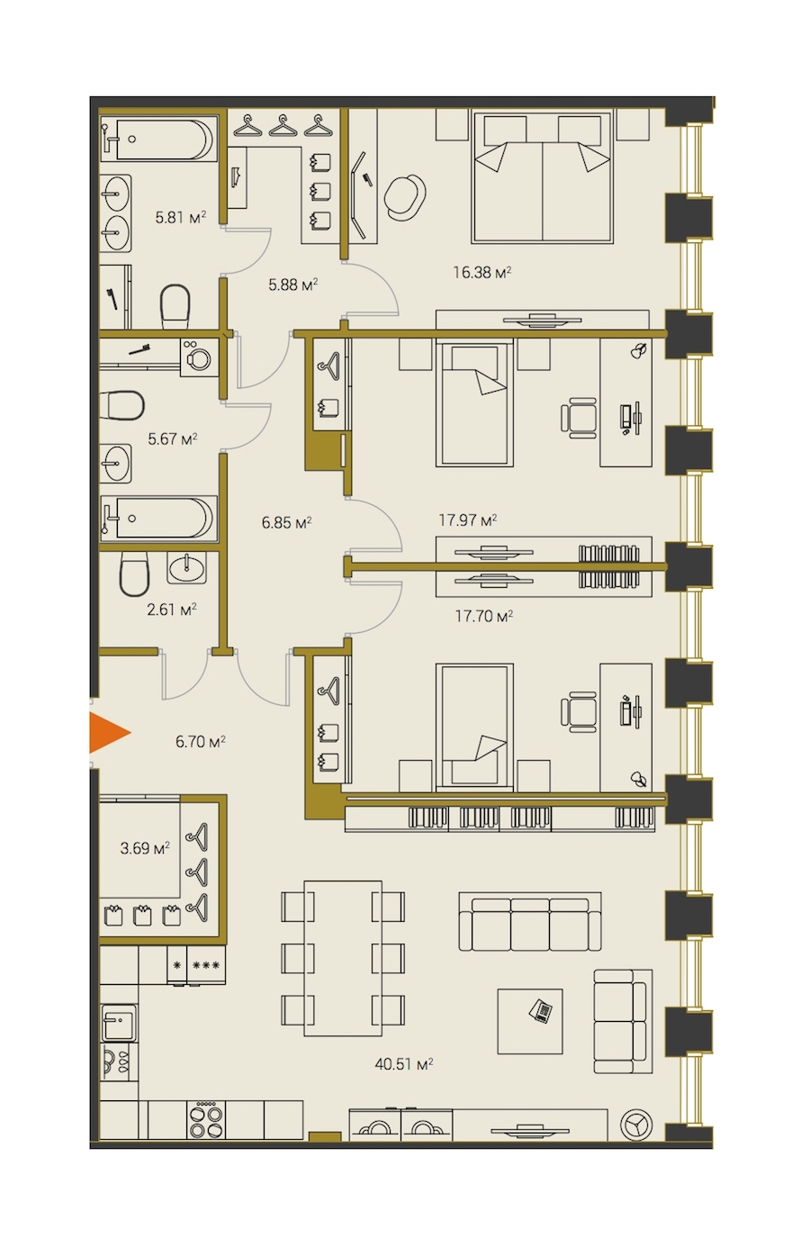 3-комнатная, 130 м² — ЖК ЖК Legenda Институтский (Институтский, 16)
