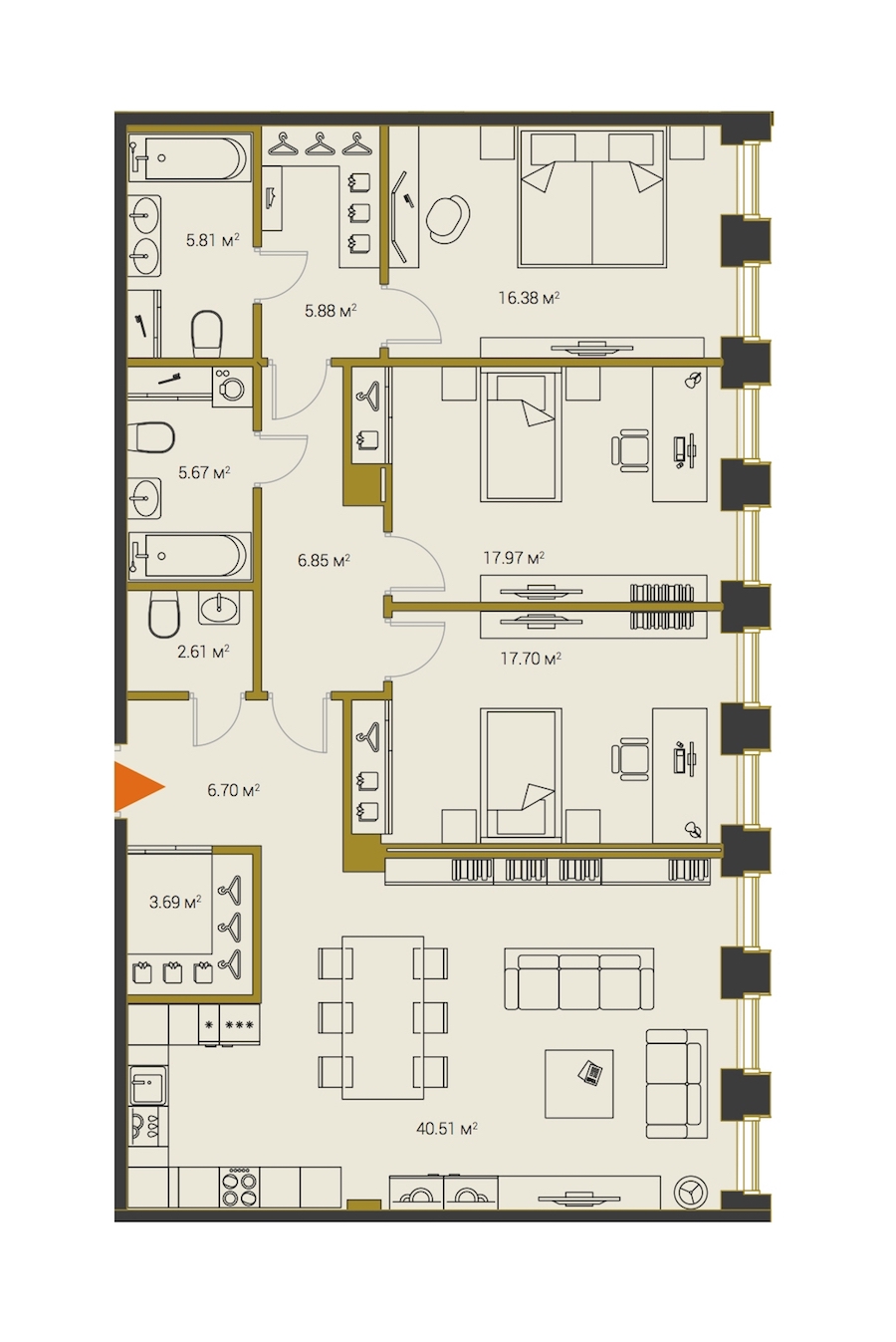 3-комнатная, 130 м² — ЖК ЖК Legenda Институтский (Институтский, 16)