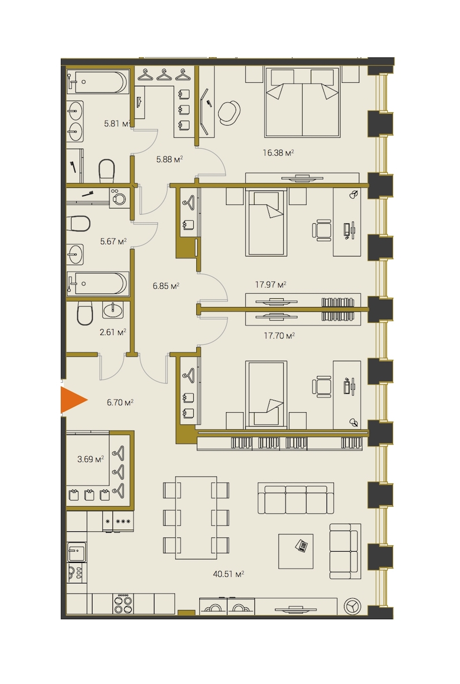 3-комнатная, 130 м² — ЖК ЖК Legenda Институтский (Институтский, 16)