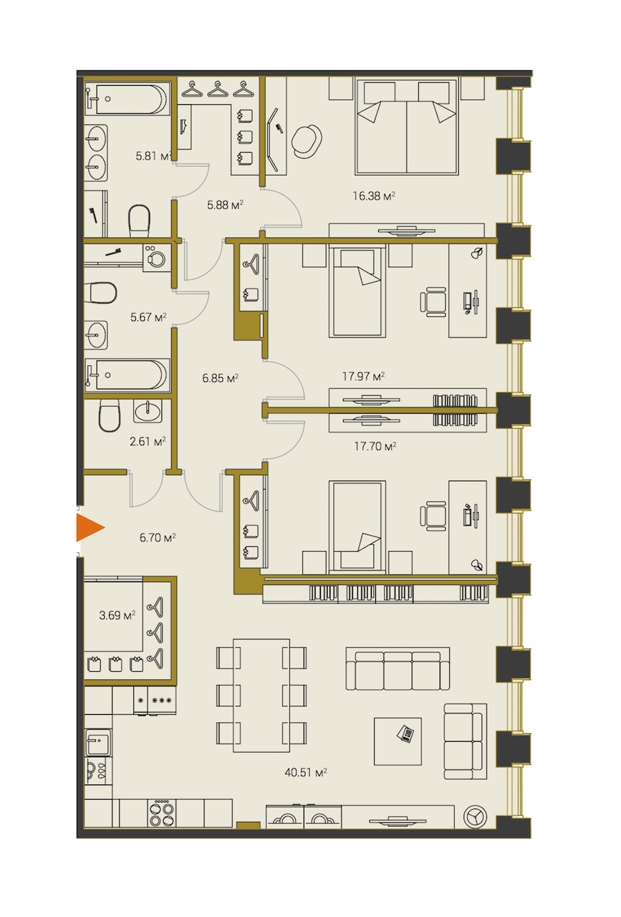3-комнатная, 130 м² — ЖК ЖК Legenda Институтский (Институтский, 16)