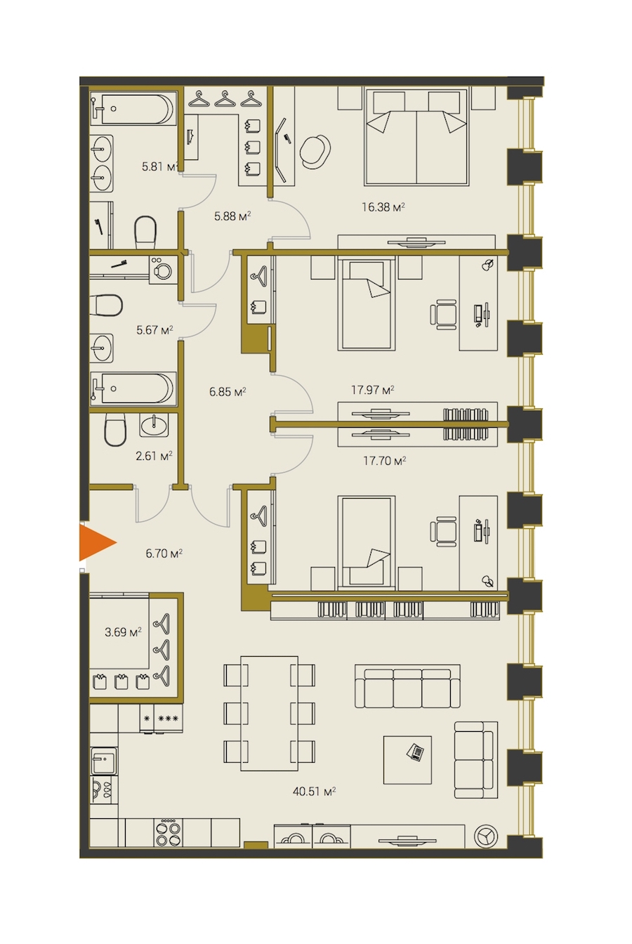 3-комнатная, 130 м² — ЖК ЖК Legenda Институтский (Институтский, 16)