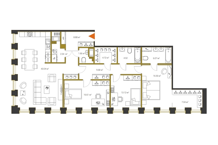 3-комнатная, 134 м² — ЖК ЖК Legenda Институтский (Институтский, 16)