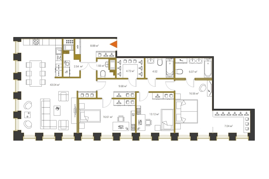 3-комнатная, 134 м² — ЖК ЖК Legenda Институтский (Институтский, 16)
