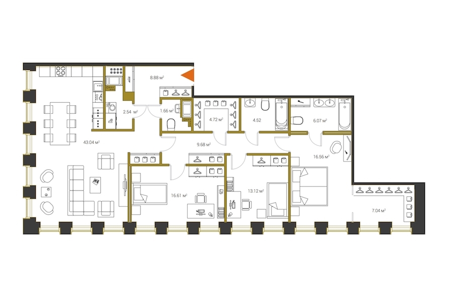 3-комнатная, 134 м² — ЖК ЖК Legenda Институтский (Институтский, 16)