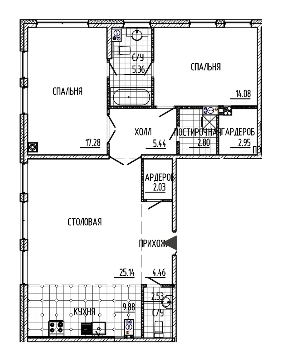 2-комнатная, 92 м² — ЖК ЖК Маленькая Франция