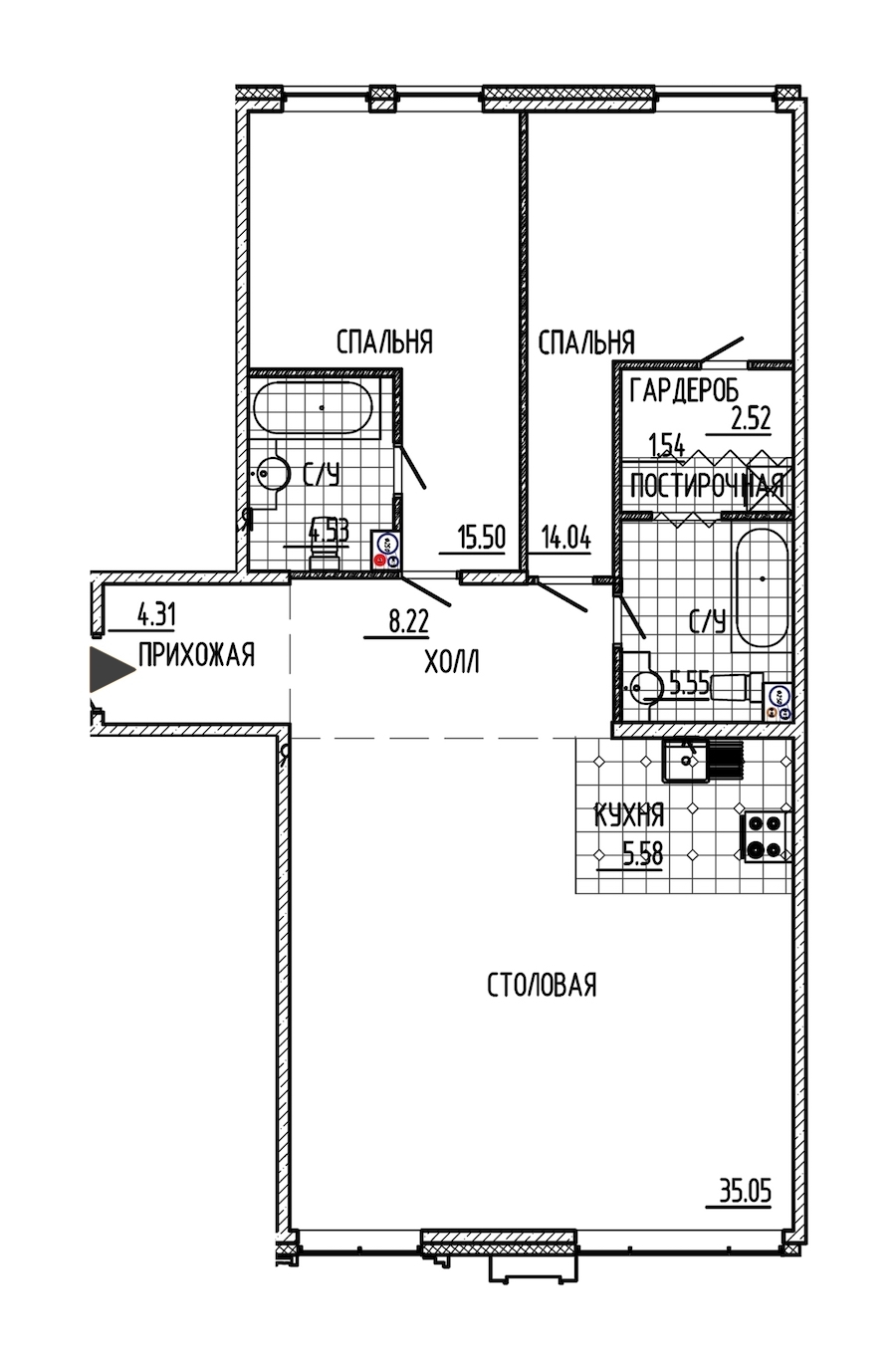 2-комнатная, 97 м² — ЖК ЖК Маленькая Франция