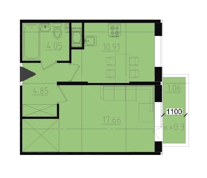 1-комнатная, 39 м² — ЖК ЖК Ювента