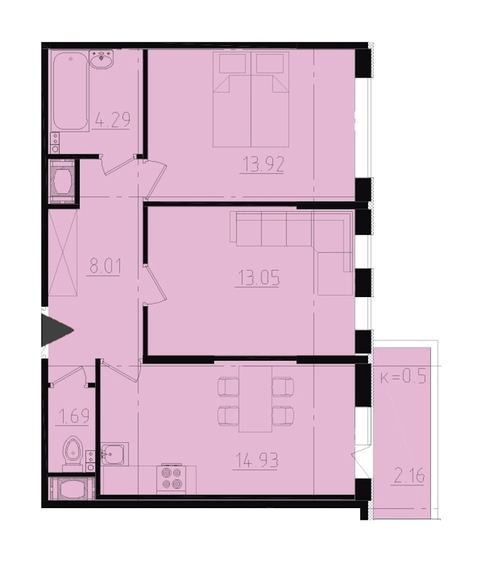 2-комнатная, 58 м² — ЖК ЖК Ювента