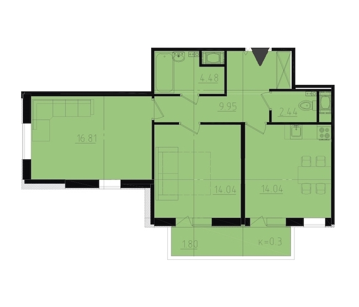 2-комнатная, 64 м² — ЖК ЖК Ювента