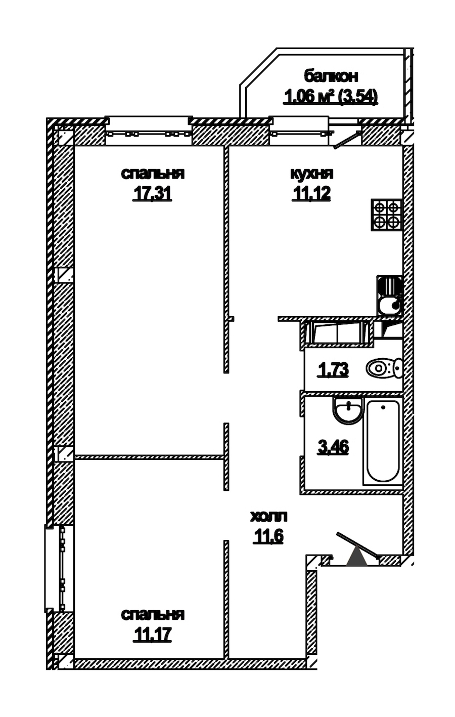 2-комнатная, 58 м² — ЖК ЖК Дружба