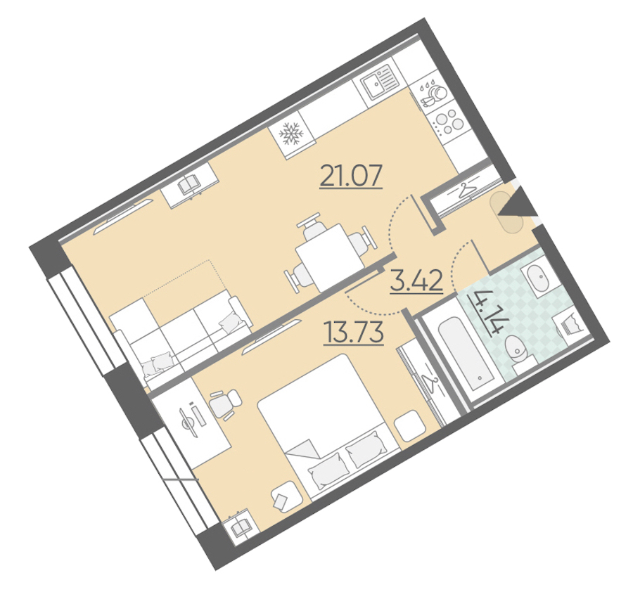 1-комнатная, 42 м² — ЖК ЖК Riviere Noire (Ривьер Нуар)
