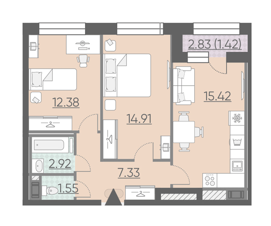 2-комнатная, 56 м² — ЖК ЖК Riviere Noire (Ривьер Нуар)