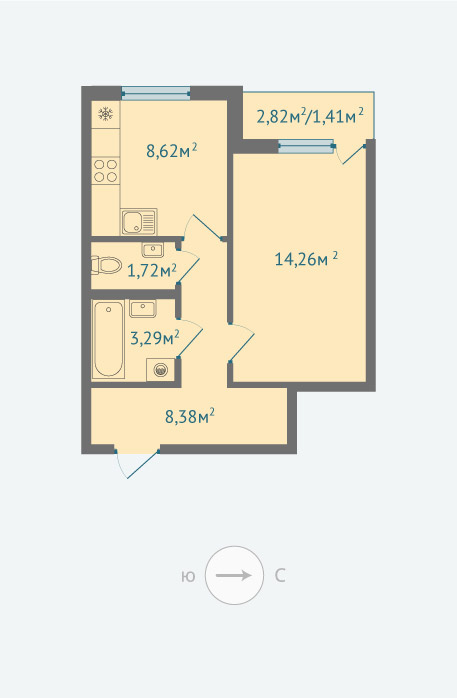 1-комнатная, 38 м² — ЖК ЖК Солнечная сторона
