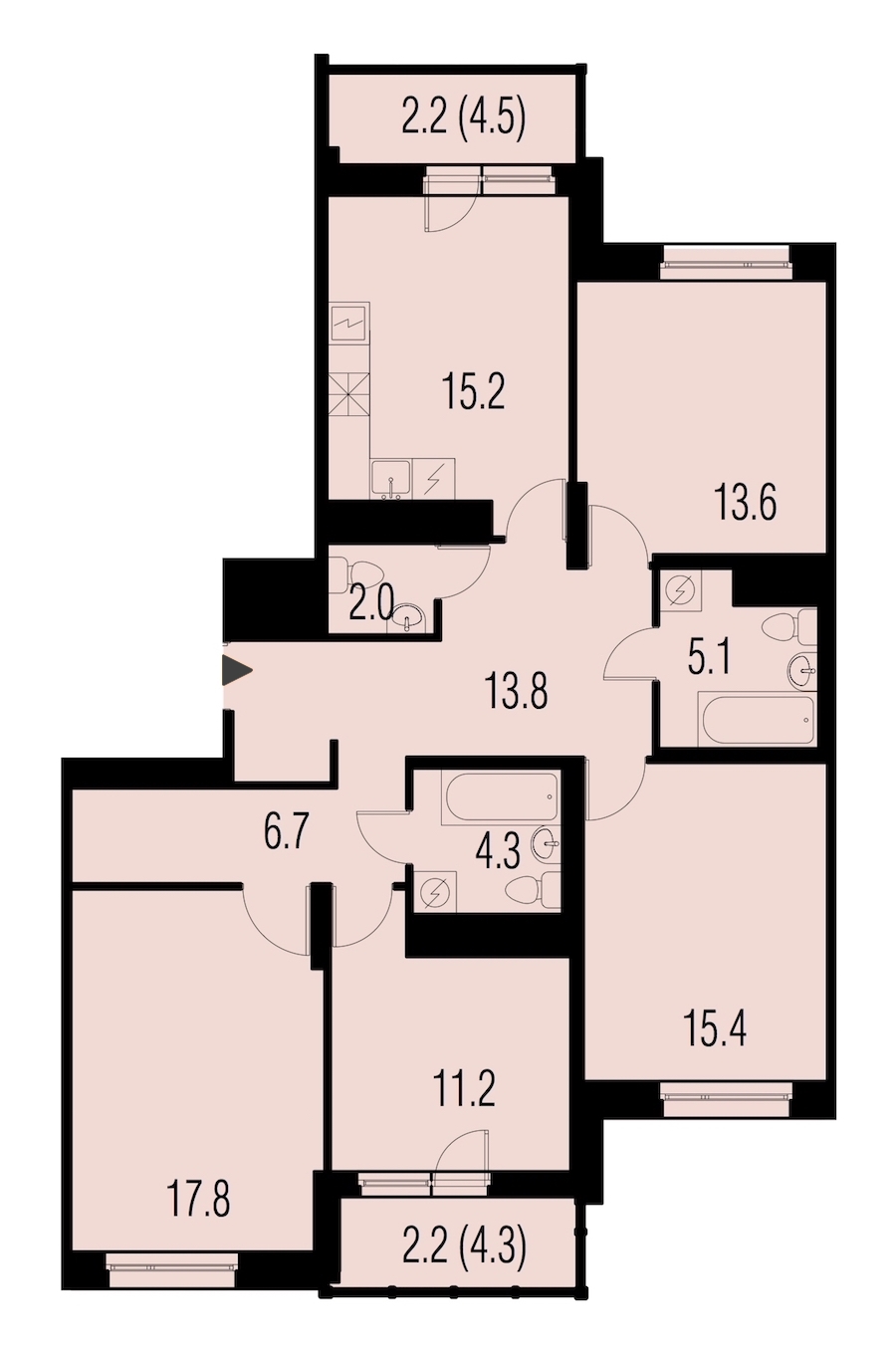 4-комнатная, 107 м² — ЖК ЖК Жемчужный Каскад