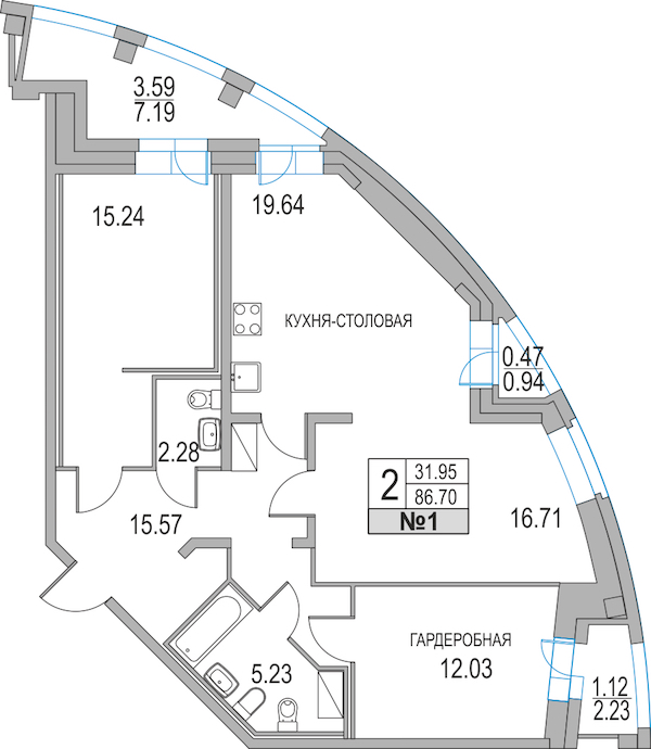 2-комнатная, 87 м² — ЖК ЖК Приморский квартал