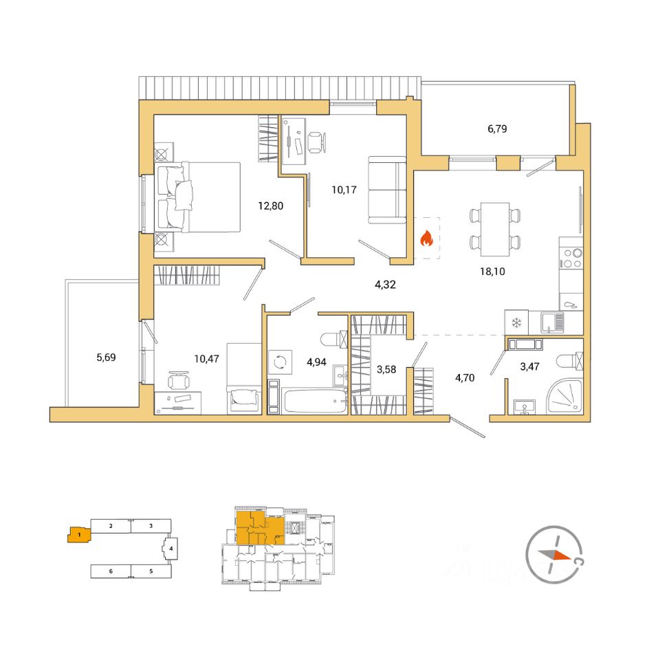 3-комнатная, 77 м² — ЖК ЖК Юттери