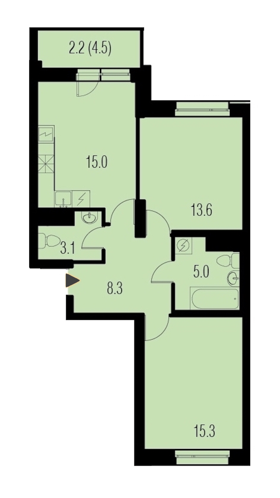 2-комнатная, 62 м² — ЖК ЖК Жемчужный Каскад