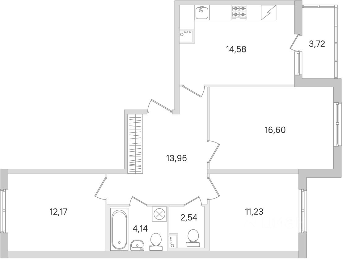 3-комнатная, 77.08 м² — ЖК ЖК Ясно Янино