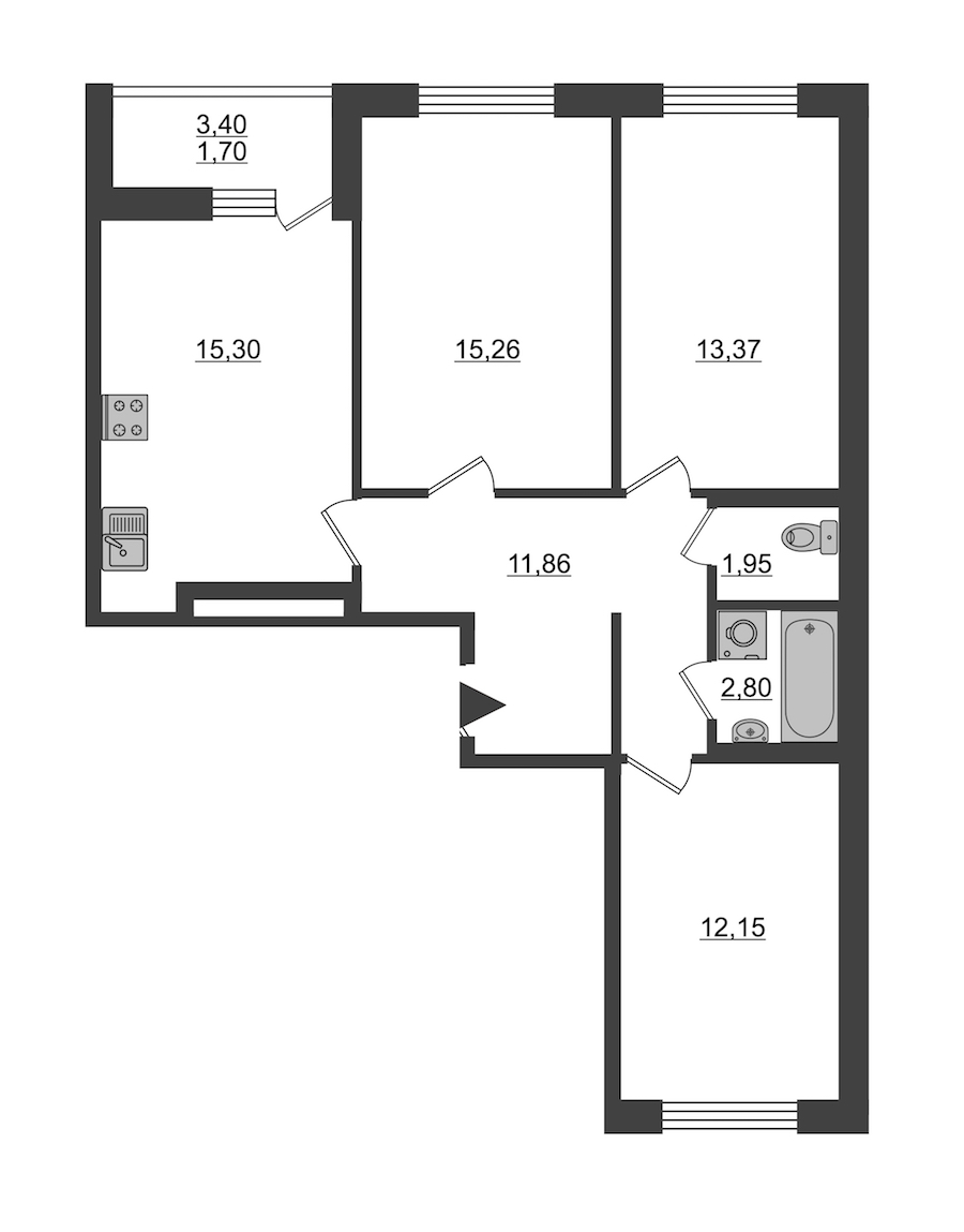 3-комнатная, 74 м² — ЖК ЖК ID Мурино (Айди Мурино)