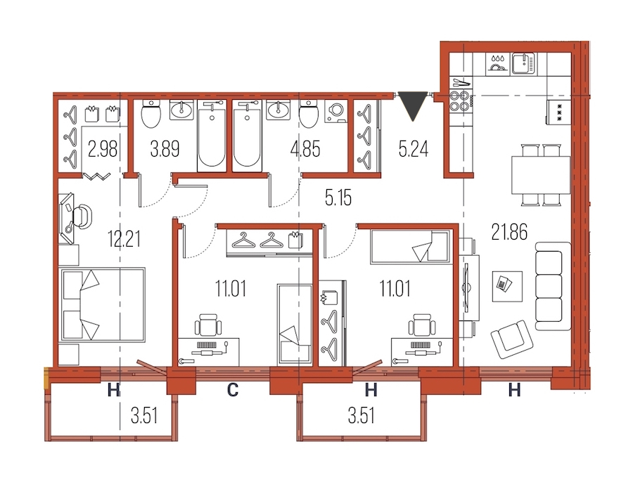 3-комнатная, 78 м² — ЖК ЖК Legenda Героев